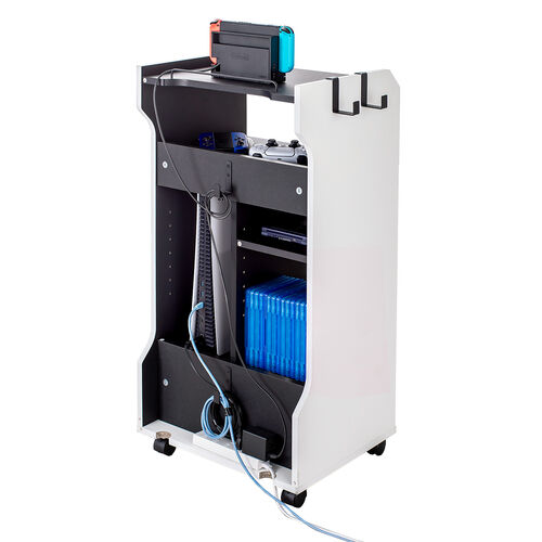 ゲーム機収納ラック（ガラス扉・UVカット・可動棚×3枚・キャスター付き・サイドワゴン・幅46.2×奥行き37×高さ90cm・PS5/4・Switch 2・レトロゲーム機・ホワイト×ブラック）