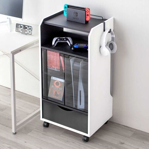ゲーム機収納ラック（ガラス扉・UVカット・可動棚×3枚・キャスター付き・サイドワゴン・幅46.2×奥行き37×高さ90cm・PS5/4・Switch 2・レトロゲーム機・ホワイト×ブラック）