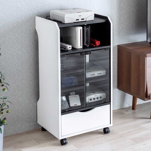 ゲーム機収納ラック（ガラス扉・UVカット・可動棚×3枚・キャスター付き・サイドワゴン・幅46.2×奥行き37×高さ90cm・PS5/4・Switch 2・レトロゲーム機・ホワイト×ブラック）