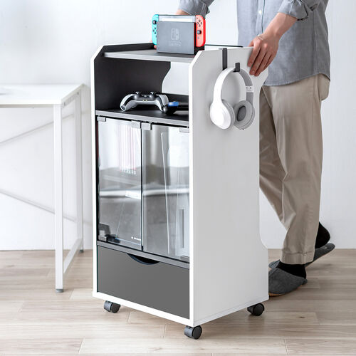 ゲーム機収納ラック（ガラス扉・UVカット・可動棚×3枚・キャスター付き・サイドワゴン・幅46.2×奥行き37×高さ90cm・PS5/4・Switch 2・レトロゲーム機・ホワイト×ブラック）