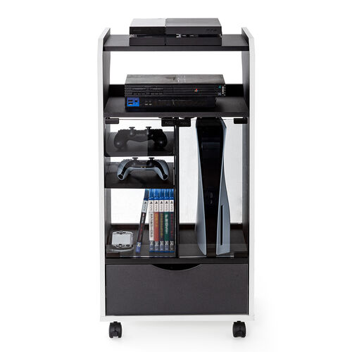 ゲーム機収納ラック（ガラス扉・UVカット・可動棚×3枚・キャスター付き・サイドワゴン・幅46.2×奥行き37×高さ90cm・PS5/4・Switch 2・レトロゲーム機・ホワイト×ブラック）