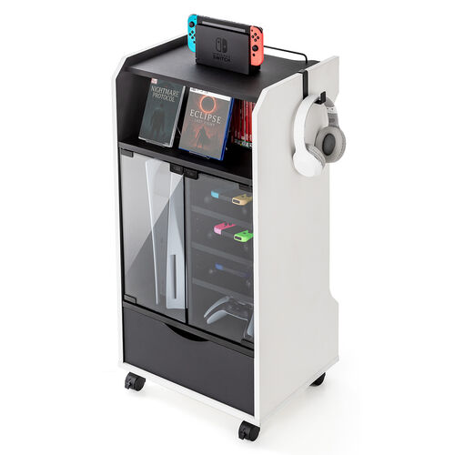 ゲーム機収納ラック（ガラス扉・UVカット・可動棚×3枚・キャスター付き・サイドワゴン・幅46.2×奥行き37×高さ90cm・PS5/4・Switch 2・レトロゲーム機・ホワイト×ブラック）