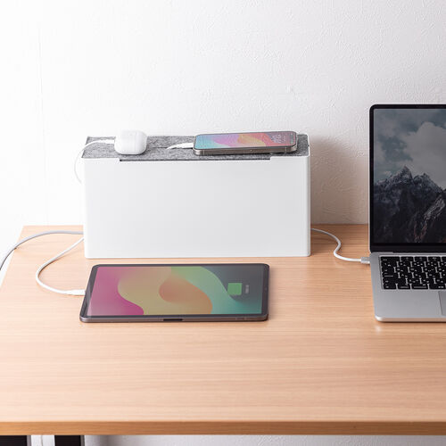 ケーブルボックス（電源まわり・目隠しボックス・タップ収納ボックス・ケーブル収納・幅32cm・充電ステーション・スチール製・Switch収納・完成品・ホワイト）