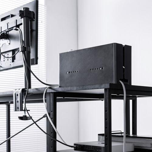 ケーブルボックス（電源まわり・目隠しボックス・タップ収納ボックス・ケーブル収納・幅32cm・充電ステーション・スチール製・Switch収納・完成品・VESA対応・ブラック）