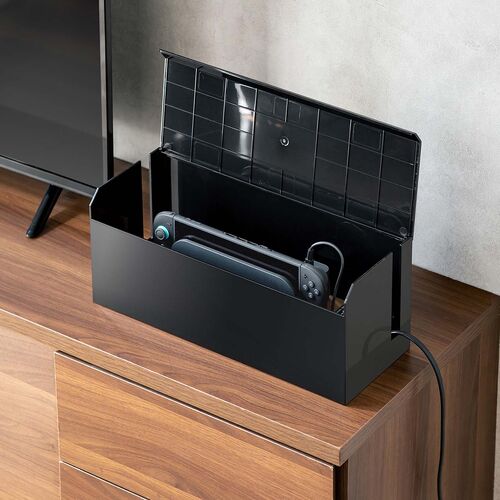 ケーブルボックス（電源まわり・Switch/Switch2収納・ABS樹脂製・難燃グレードUL94-V0・完成品・幅40.1cm・目隠しボックス・タップ収納ボックス・ケーブル収納・ブラック）