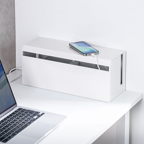 ケーブルボックス（電源まわり・Switch/Switch2収納・ABS樹脂製・難燃グレードUL94-V0・完成品・幅40.1cm・目隠しボックス・タップ収納ボックス・ケーブル収納・ホワイト）