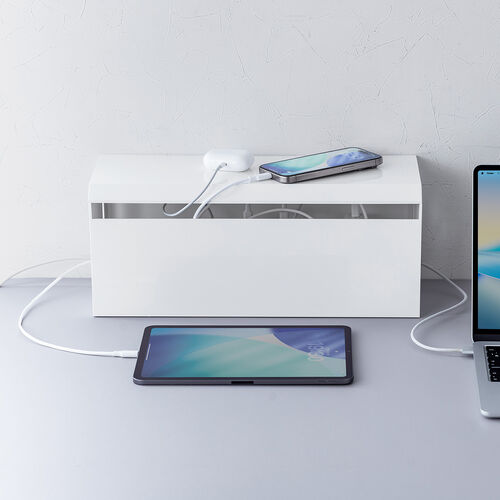 ケーブルボックス（電源まわり・Switch/Switch2収納・ABS樹脂製・難燃グレードUL94-V0・完成品・幅40.1cm・目隠しボックス・タップ収納ボックス・ケーブル収納・ホワイト）