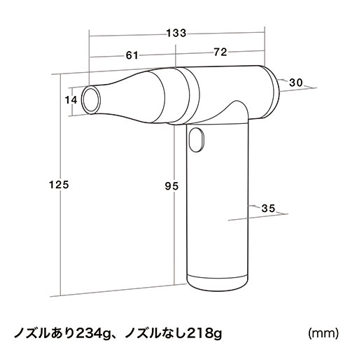 電動エアダスター（充電式・4段階風量調整・ガス不使用・自動噴射・手動噴射・シリコンノズル付き・アルミ製・ブラック）