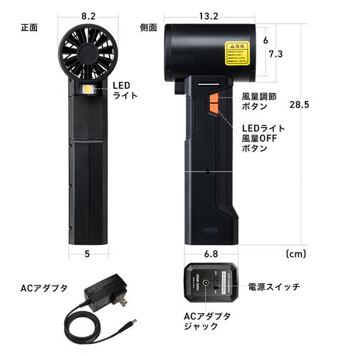 電動エアダスター（ブロワー・洗車・超強力・風速最大約55m/s・風速4段階調整・充電式・コードレス・4000mA・LEDライト・電池残量表示・落ち葉・庭掃除・ブラック）