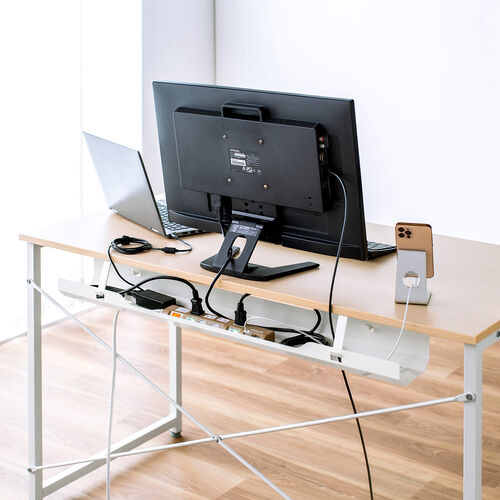 ケーブルトレー（デスク固定タイプ・スチール製・幅90cm・ケーブルオーガナイザ・配線受け・収納・電源タップ・ホワイト）