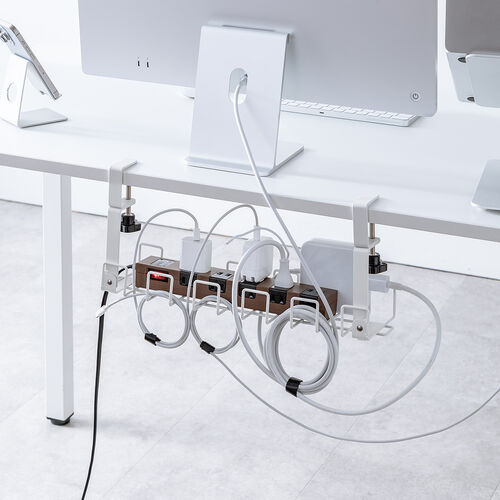 ケーブルトレー（幅42cm・クランプ固定・ワイヤータイプ・ケーブルオーガナイザー・ケーブル収納・小型・配線受け・電源タップ・ホワイト）