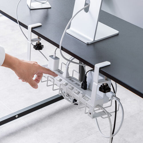 ケーブルトレー（幅42cm・クランプ固定・ワイヤータイプ・ケーブルオーガナイザー・ケーブル収納・小型・配線受け・電源タップ・ホワイト）