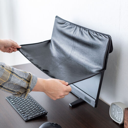 ディスプレイカバー（24インチ対応・薄型モニター用カバー・iMac24インチ・収納ポケット付き・ホコリ対策・フランネル生地使用・ブラック）