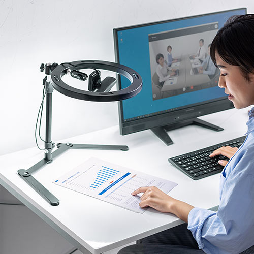 【アウトレット･訳あり・セール】LEDリングライト(俯瞰撮影・ウェブカメラ・スマホ・ウェブ会議・YouTube/自撮り向け・120灯・最大800ルーメン・スタンド)