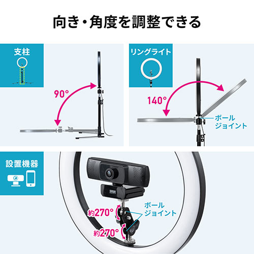 【アウトレット･訳あり・セール】LEDリングライト(俯瞰撮影・ウェブカメラ・スマホ・ウェブ会議・YouTube/自撮り向け・120灯・最大800ルーメン・スタンド)