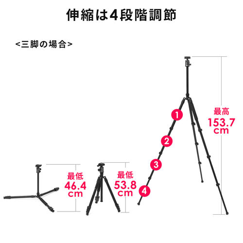 カメラ三脚（一脚への変更可能・自由雲台・ボールジョイント・4段階伸縮脚・俯瞰撮影・最大155cm・一眼レフ・スマホ・WEBカメラ対応）