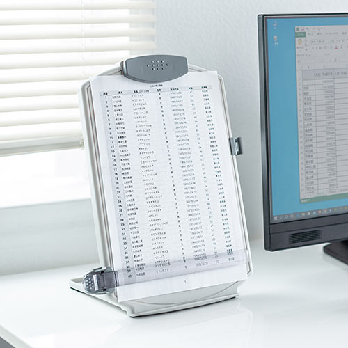 データホルダー 書見台 グレー（高さ調整・4段階角度調整・スケール付き・ペンホルダー・コンパクト・滑り止め）