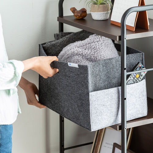 フェルト製収納ボックス（Lサイズ・ポケット・ハンドル付き・小物入れ・収納BOX・幅38cm・奥行25cm・高さ24cm・ブラック）