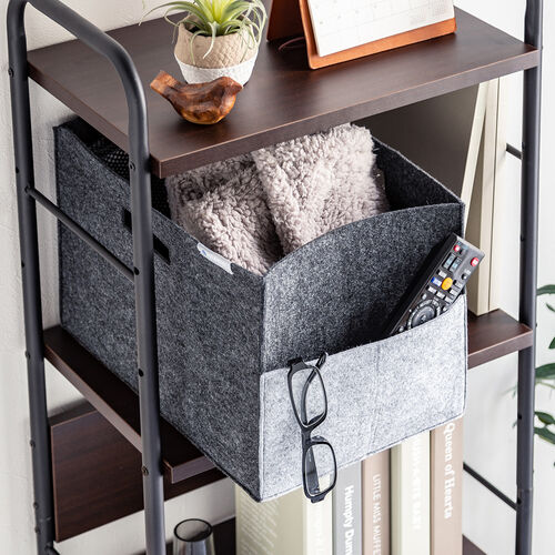 フェルト製収納ボックス（Lサイズ・ポケット・ハンドル付き・小物入れ・収納BOX・幅38cm・奥行25cm・高さ24cm・ブラック）