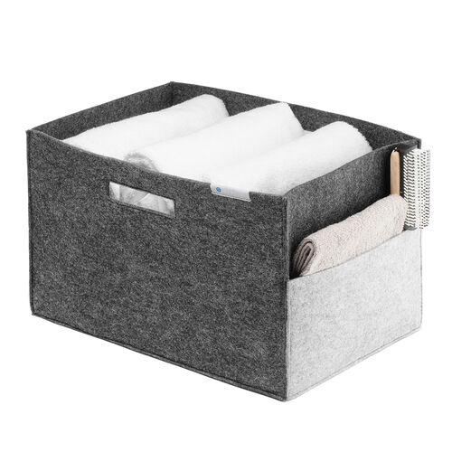 フェルト製収納ボックス（Lサイズ・ポケット・ハンドル付き・小物入れ・収納BOX・幅38cm・奥行25cm・高さ24cm・ブラック）