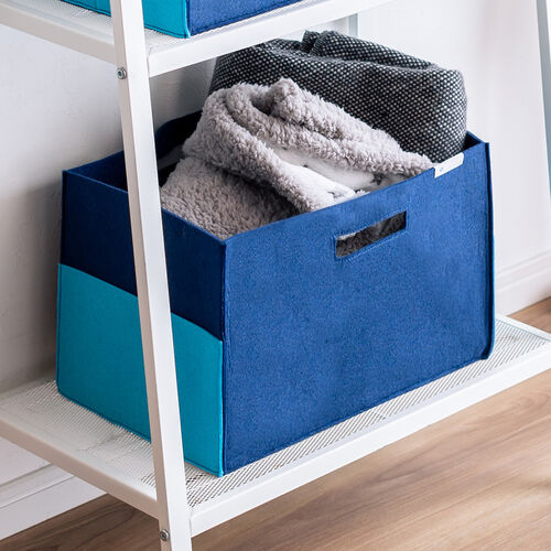 フェルト製収納ボックス（Lサイズ・ポケット・ハンドル付き・小物入れ・収納BOX・幅38cm・奥行25cm・高さ24cm・ブルー）