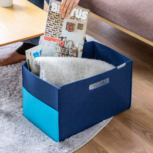 フェルト製収納ボックス（Lサイズ・ポケット・ハンドル付き・小物入れ・収納BOX・幅38cm・奥行25cm・高さ24cm・ブルー）