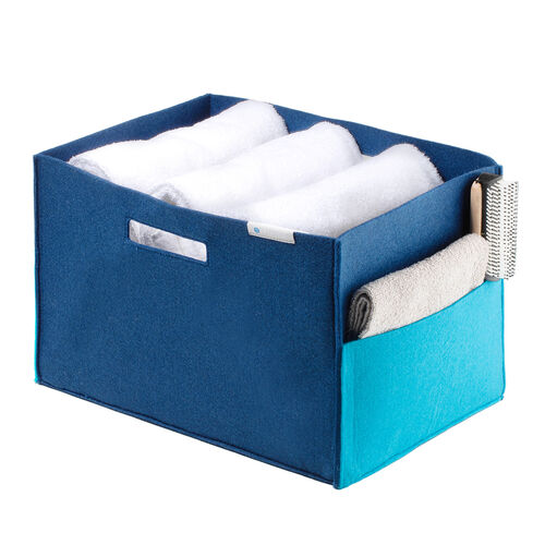 フェルト製収納ボックス（Lサイズ・ポケット・ハンドル付き・小物入れ・収納BOX・幅38cm・奥行25cm・高さ24cm・ブルー）