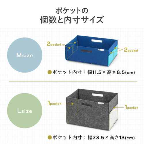 フェルト製収納ボックス（Lサイズ・ポケット・ハンドル付き・小物入れ・収納BOX・幅38cm・奥行25cm・高さ24cm・ブルー）