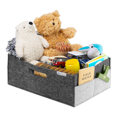 フェルト製収納ボックス（Mサイズ・ポケット・ハンドル付き・小物入れ・収納BOX・幅38cm・奥行25cm・高さ14cm・ブラック）