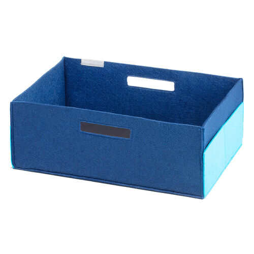 フェルト製収納ボックス（Mサイズ・ポケット・ハンドル付き・小物入れ・収納BOX・幅38cm・奥行25cm・高さ14cm・ブルー）