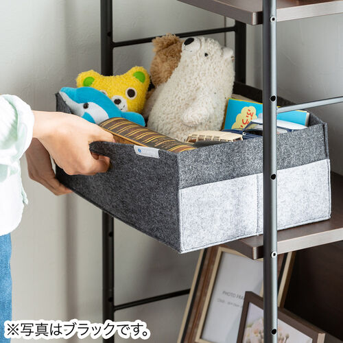 フェルト製収納ボックス（Mサイズ・ポケット・ハンドル付き・小物入れ・収納BOX・幅38cm・奥行25cm・高さ14cm・ブルー）