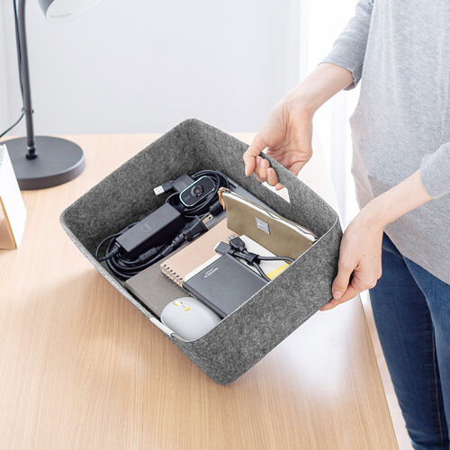 フェルト製収納ボックス（圧縮成形トレー・ハンドル付き・小物入れ・収納BOX・幅40cm・奥行25cm・高さ11cm・グレー）