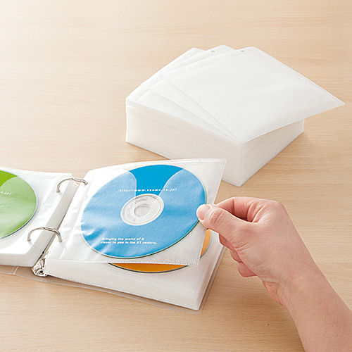 CD・DVD用不織布ケース（リング穴・両面収納・ホワイト）