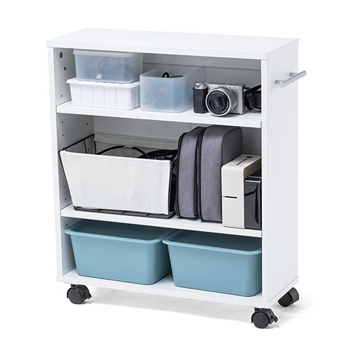 すきま収納ラック(３段・木製・キャスター付き・収納・スリムワゴン・カウンター下・幅20cm・奥行き55cm・コミック・漫画・CD・DVD・BD・ホワイト) FCD070W