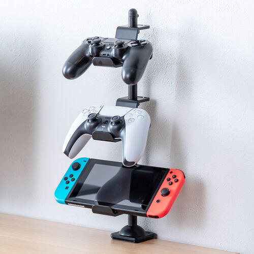 コントローラースタンド（クランプ固定式・転倒防止・ゲームパッド・ヘッドホン・スタンド・PS5・PS4・switch 対応・充電用スリット・卓上・デスク下・収納ラック・収納スタンド・ブラック）