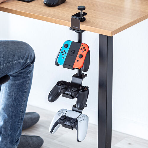 コントローラースタンド（クランプ固定式・転倒防止・ゲームパッド・ヘッドホン・スタンド・PS5・PS4・switch 対応・充電用スリット・卓上・デスク下・収納ラック・収納スタンド・ブラック）