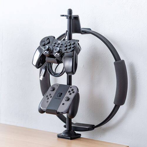 コントローラースタンド（クランプ固定式・転倒防止・ゲームパッド・ヘッドホン・スタンド・PS5・PS4・switch 対応・充電用スリット・卓上・デスク下・収納ラック・収納スタンド・ブラック）