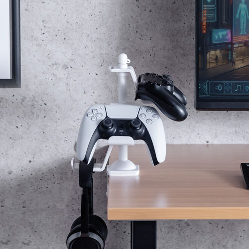 【アウトレット特価品】コントローラースタンド（クランプ固定式・転倒防止・ゲームパッド・ヘッドホン・スタンド・PS5・PS4・switch 対応・充電用スリット・卓上・デスク下・ホワイト）