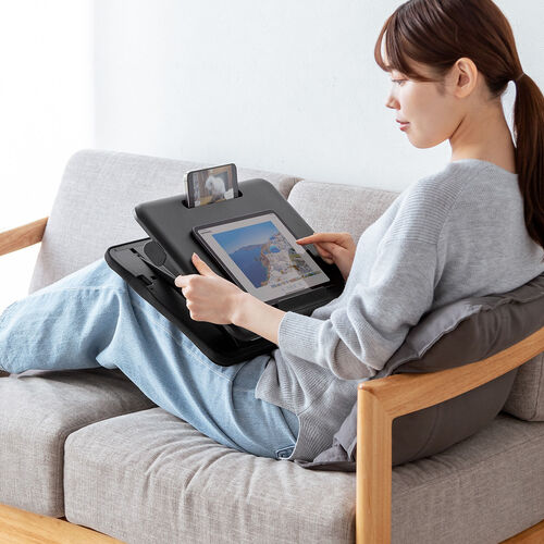 クッションテーブル（パソコンスタンド・膝上テーブル・タブレットスタンド・上下昇降・高さ変更可能・マウスパッド付・メッシュクッション）