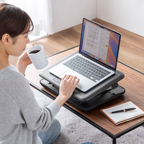 クッションテーブル（パソコンスタンド・膝上テーブル・タブレットスタンド・上下昇降・高さ変更可能・マウスパッド付・メッシュクッション）