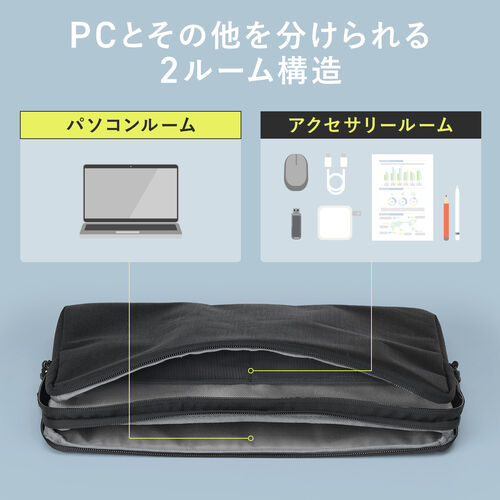 ノートPCケース（13.3インチ・14インチ対応・PCインナーケース・小物収納・ダブルルーム・A4収納対応・ブラック）