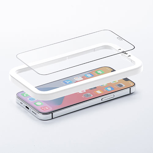 液晶保護フィルム(iPhone12/12Pro用・ガラスフィルム・インカメラ撮影対応・硬度9H・ラウンド形状・アタッチメント付き・ブラック）