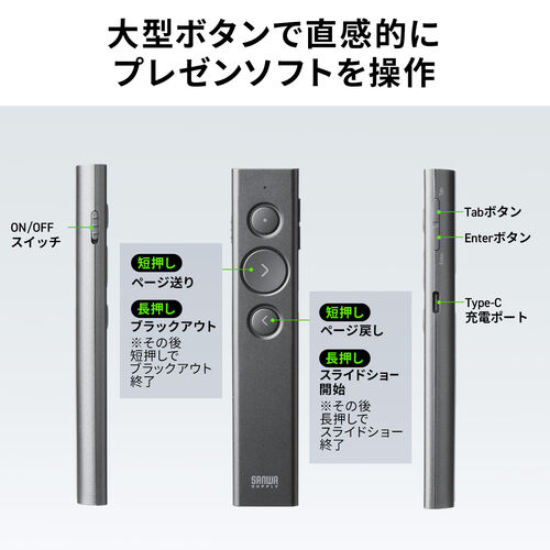 レーザーポインター（緑・USB充電式・パワーポイント操作・ページ送り・プレゼンター・グリーンレーザー・Type-C・PSC認証・グレー）