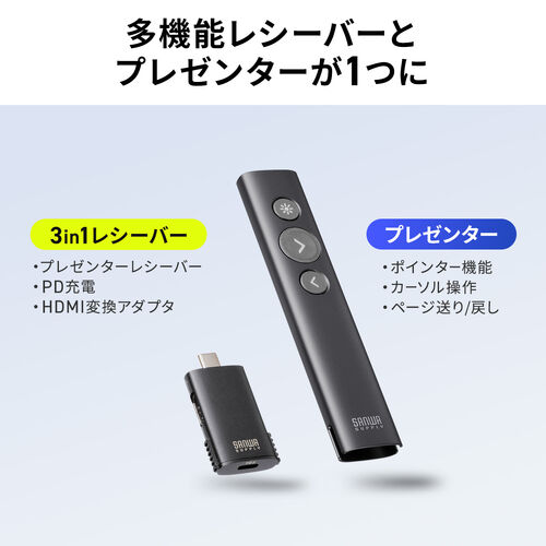 ワイヤレスプレゼンター（3-in-1ハブレシーバー・プレゼン・ポインター・USB-C充電式・HDMI変換アダプタ・デジタルレーザー・無線・オンライン会議対応）