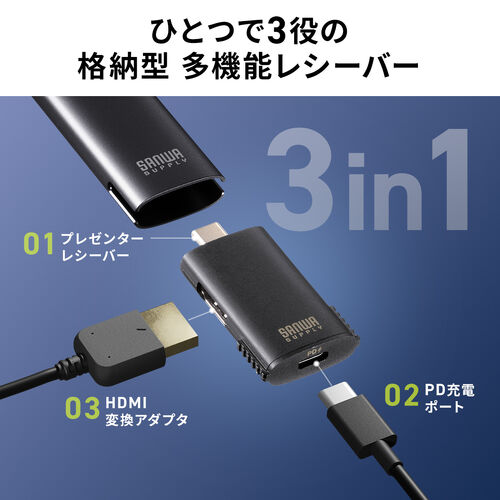 ワイヤレスプレゼンター（3-in-1ハブレシーバー・プレゼン・ポインター・USB-C充電式・HDMI変換アダプタ・デジタルレーザー・無線・オンライン会議対応）