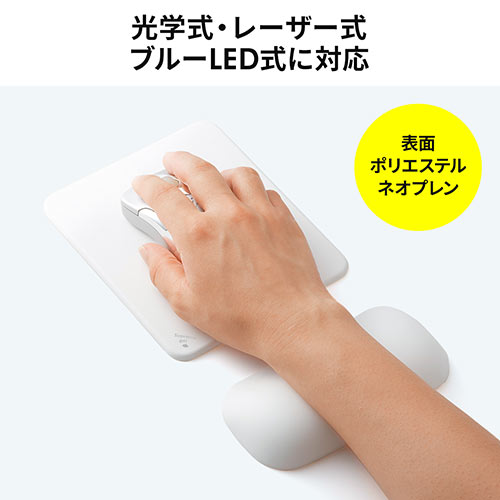 リストレスト付きマウスパッド(マウス用・手首・腱鞘炎防止・疲労軽減・クッション・ジェル・ホワイト）