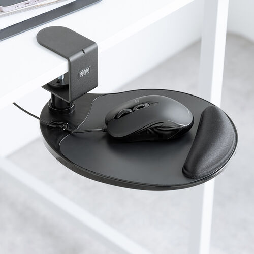 マウステーブル（360度回転・クランプ式・硬質プラスチック製・ブラック・リストレスト・ジェル）