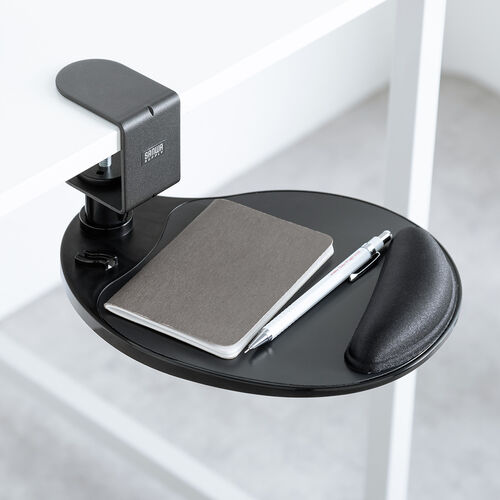 マウステーブル（360度回転・クランプ式・硬質プラスチック製・ブラック・リストレスト・ジェル）