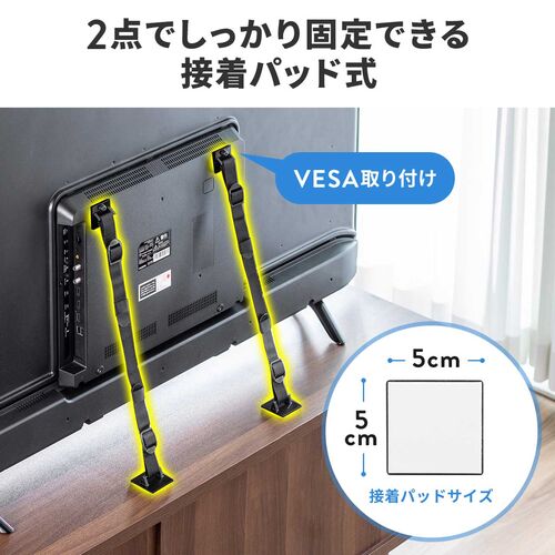 耐震ベルト（テレビ転倒防止ベルト・両面テープ取り付けタイプ・2か所取り付け・VESA・壁固定・65型まで・震度6強対応） QL019