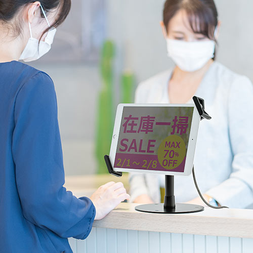 タブレットセキュリティ（タブレットスタンド・丸形台座・ワイヤー長1.8m・7～13インチ対応・厚み2.5cm・角度調整・ブラック）